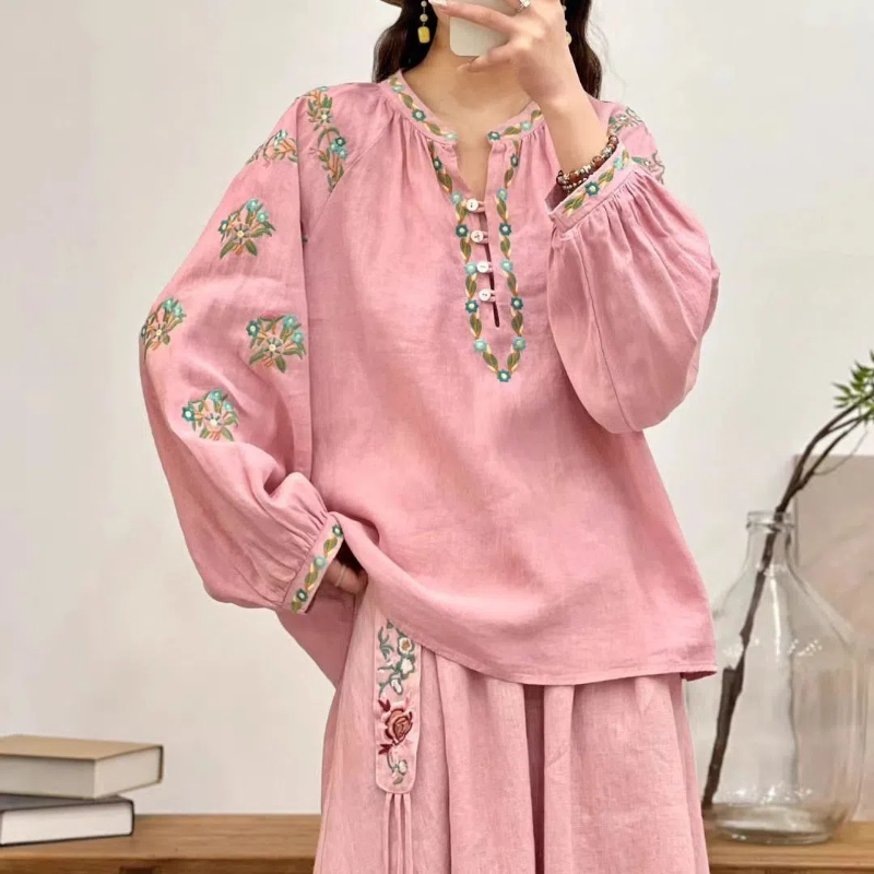 Chemisier brodé à manches longues et col demi-ouvert pour femme, vêtements coréens assortis avec tout, nouvelle mode printemps automne