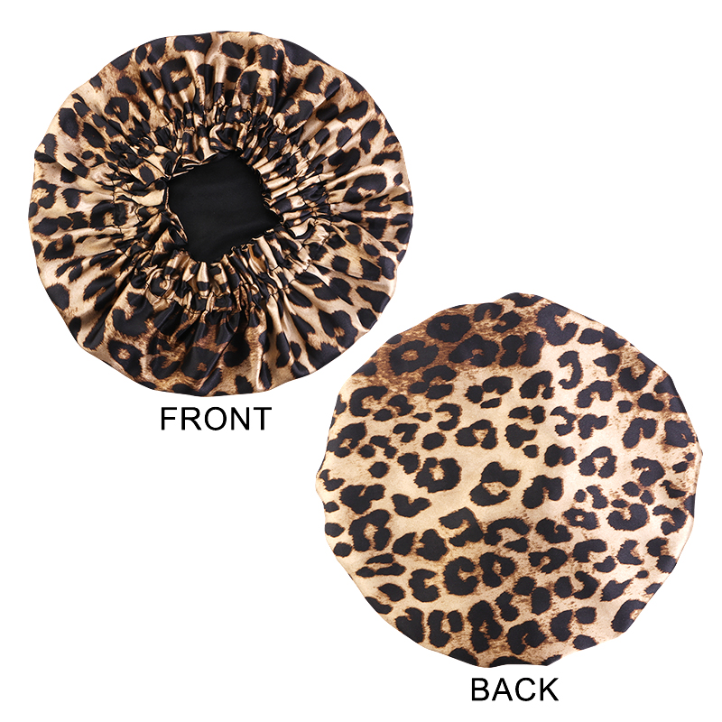 Bonnet de nuit en Satin imprimé léopard pour femmes, Double couche, Bonnet soyeux, bande élastique réglable, casquette de sommeil pour cheveux longs, nouvelle collection