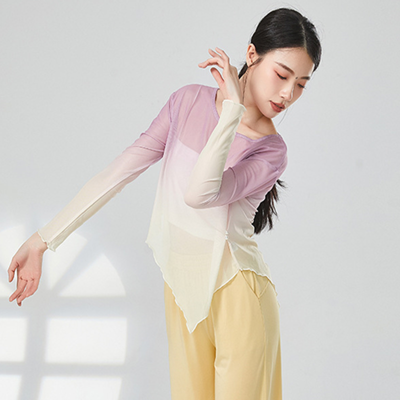 Tenues de danse classique pour femmes, haut en maille, chemise en tulle, document nickel é, ourlet irrégulier, chemisier à col rond mince, vêtements de performance modernes