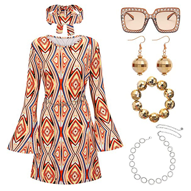 Costume Disco pour femmes des années 70, tenue et accessoires, tête brillante avec lunettes de soleil, collier, boucles d'oreilles, Bracelet pour fête de spectacle sur scène