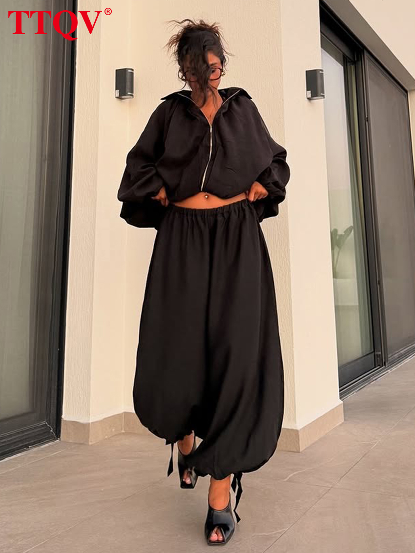 Clacive mode ample noir femmes deux pièces ensemble élégant chemise à manches longues avec taille haute pantalon large ensemble vêtements féminins