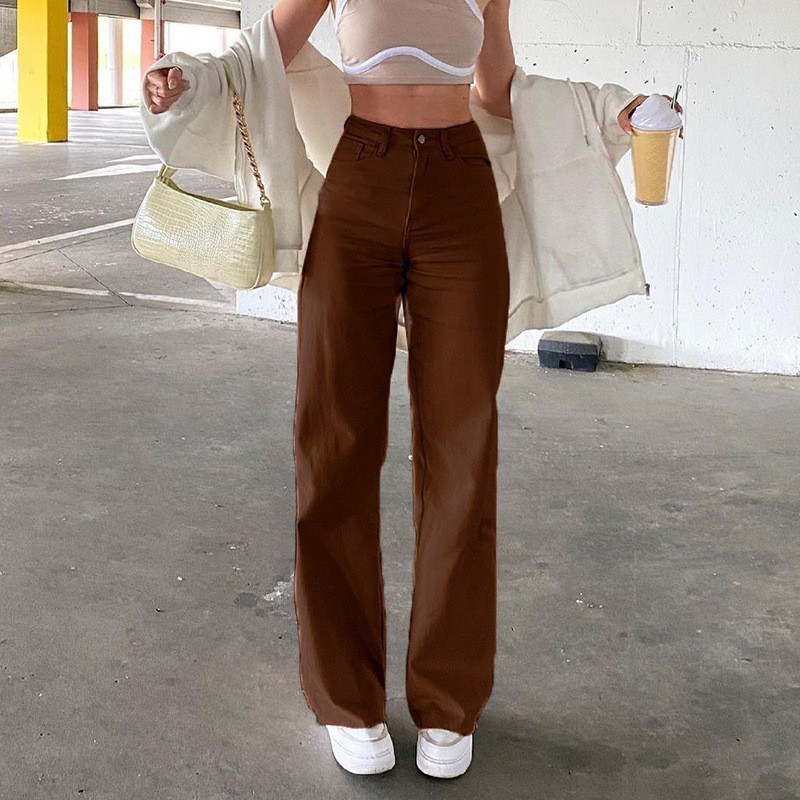 Jeans tendance pour femme - Pantalon long droit taille haute, coupe ajustée, couleur unie, confortable pour l'été