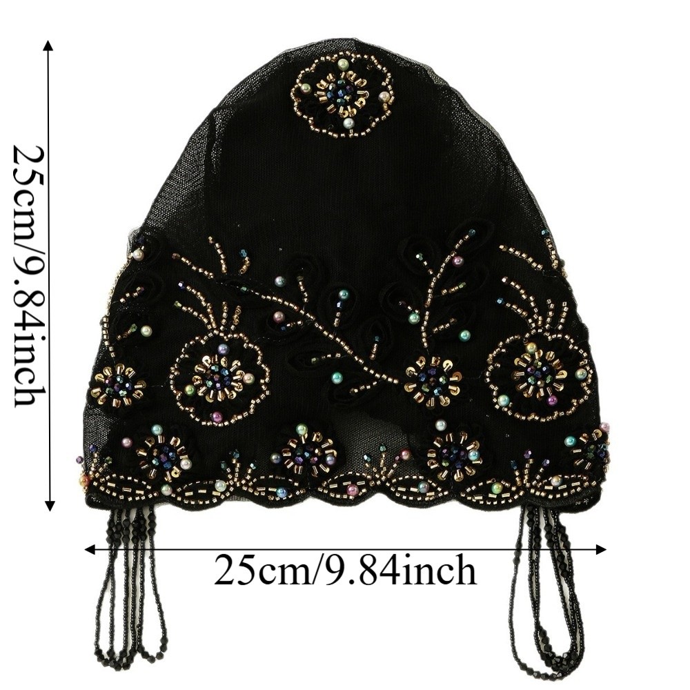 Turban à perles brillantes avec longues pampilles et broderie florale, foulard indien pré-noué à bord festonné, bonnet perlé tendance pour femmes