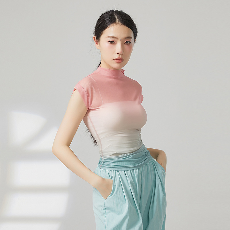Haut en gaze sans manches pour femmes, maille transparente dégradée, chemise sexy, col haut, tenue de ballet classique moderne, vêtements d'entraînement, nouveau