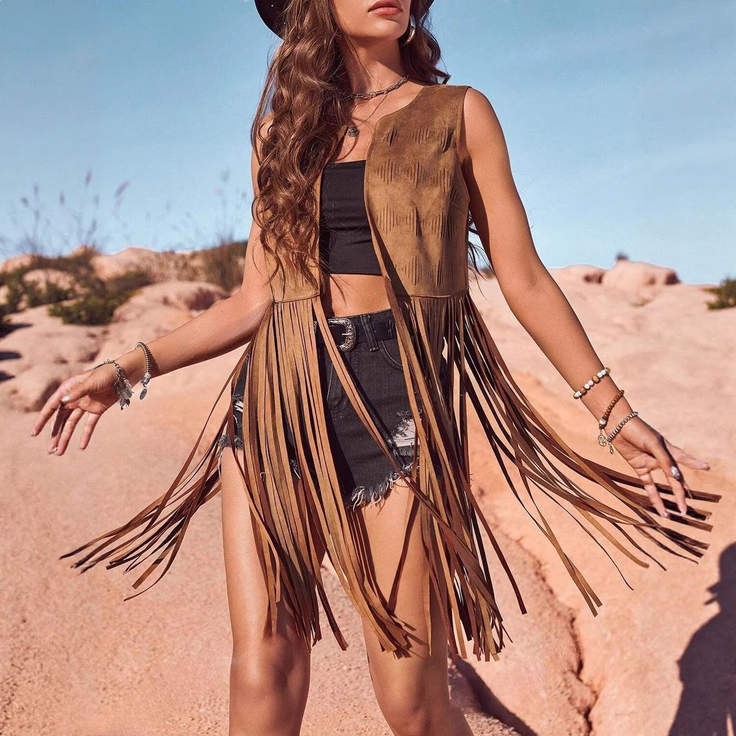Gilet à franges sans manches pour femmes, style européen et américain, à la mode