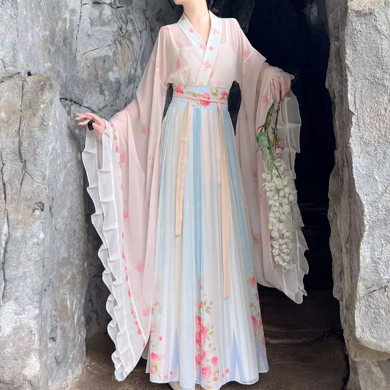 Ensemble de robe Hanfu de la dynastie WeiJin de style chinois pour femmes, robe longue dégradée, imprimé floral élégant traditionnel, cosplay féminin imbibé