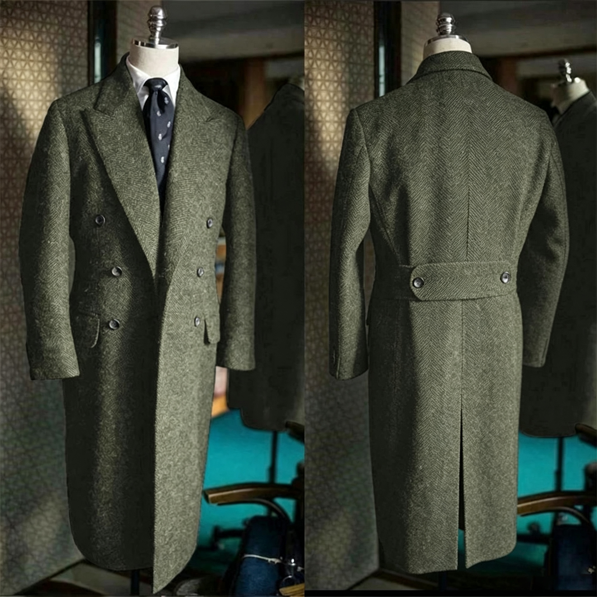 Manteau long homme classique en chevron rétro pour l'hiver et l'automne, mélange de laine, style simple, coupe ajustée, manteau polyvalent pour les loisirs et les affaires