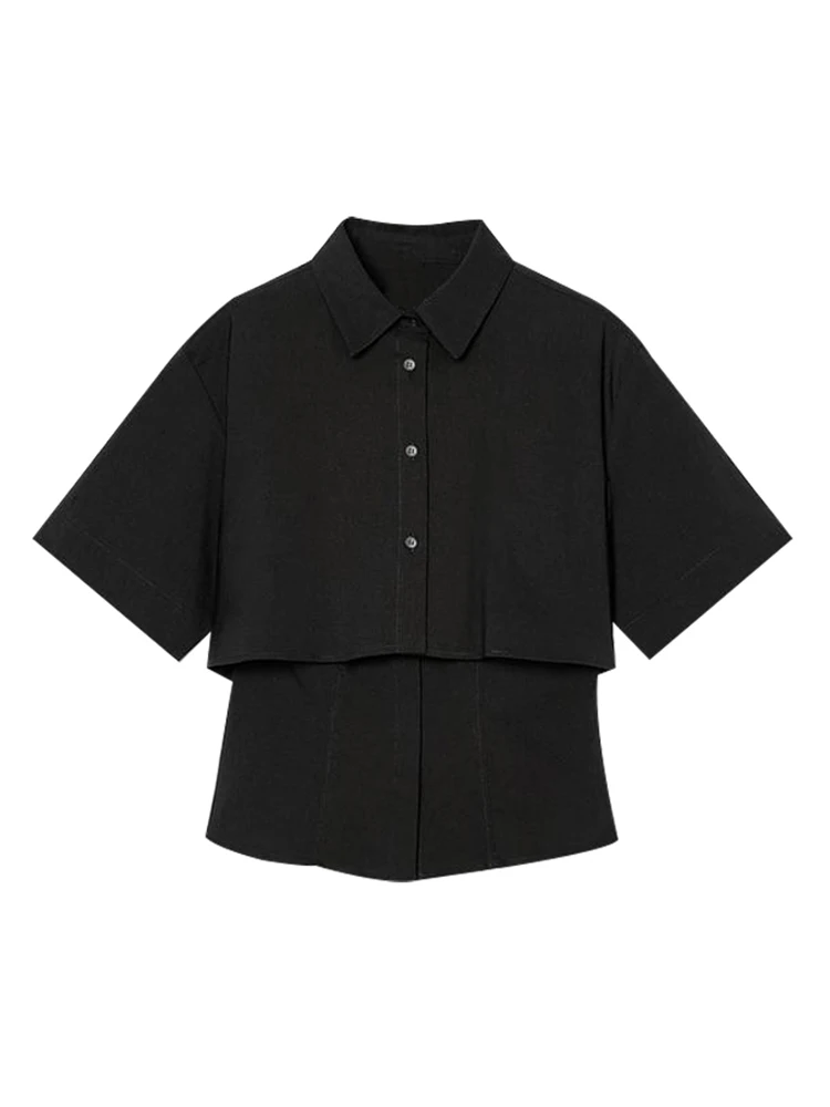 Chic Patchwork chemise noire femmes décontracté revers simple boutonnage à manches courtes Blouse 2025 printemps été nouveaux hauts assortis Lady55