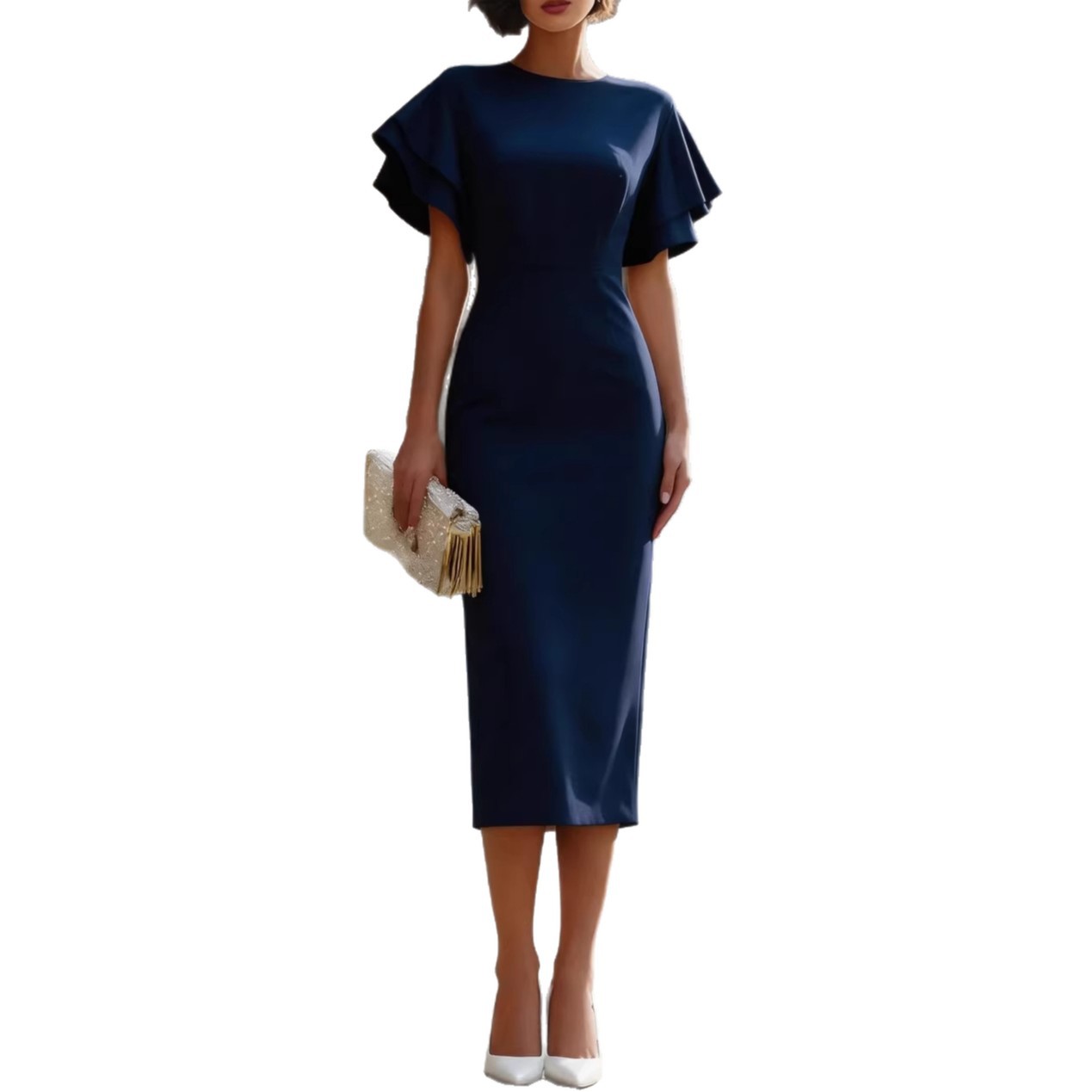 Robe midi élégante à manches à volants pour femme, coupe ajustée, moulante, pour soirée, mariage, invitées, cérémonie, soirée formelle