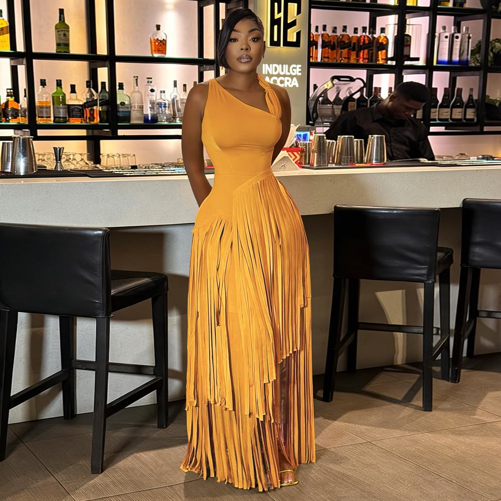Robe longue asymétrique à franges et à col halter pour femmes, sans manches, plissée, à coupe asymétrique, robe de soirée africaine pour mariage ou réception.