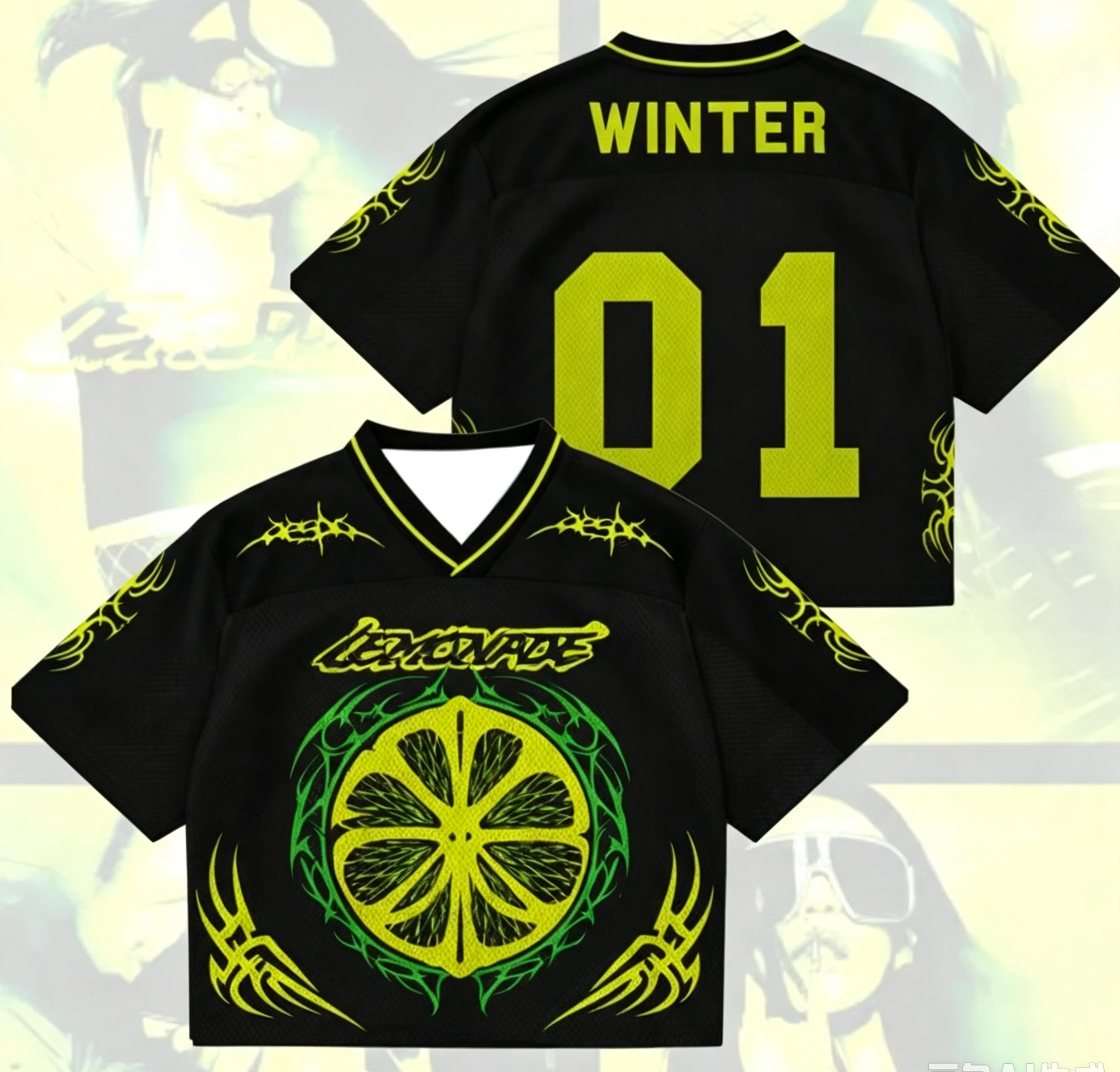 Maillot de football court imprimé citron K‑POP Y2K, en maille de polyester respirante, à manches courtes, streetwear, col en V, hauts de sport unisexes