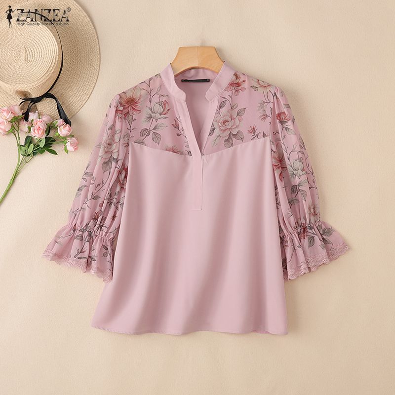 ZANZEA femmes élégantes Blouses imprimé fleuri en mousseline de soie Patchwork hauts mode col en v 3/4 manches bouffantes dentelle garniture femme vêtements S-3XL