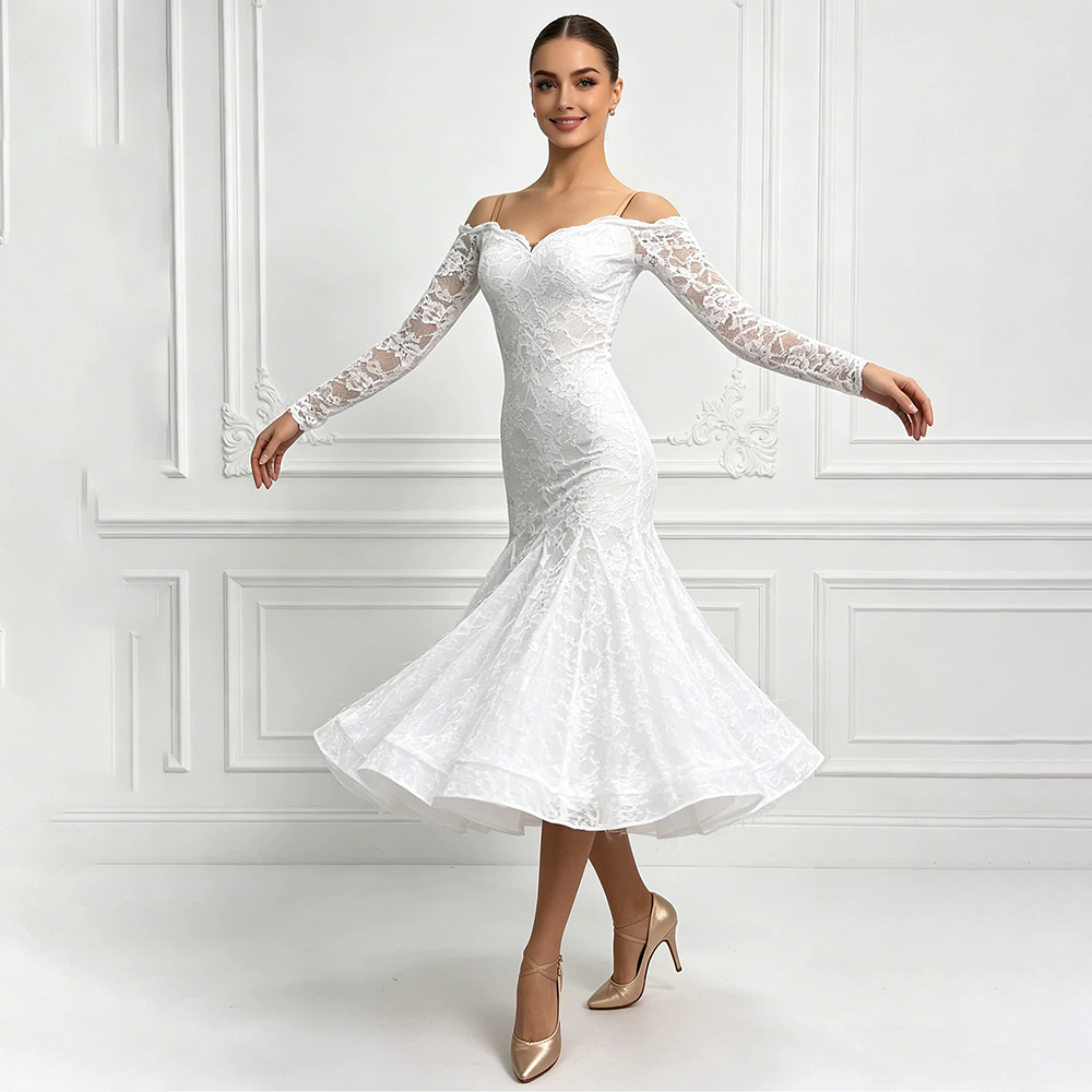 Robe de danse de salon élégante pour femmes, en dentelle blanche, épaules dénudées, manches longues, costumes de danse moderne, vêtements de performance pour valse et tango
