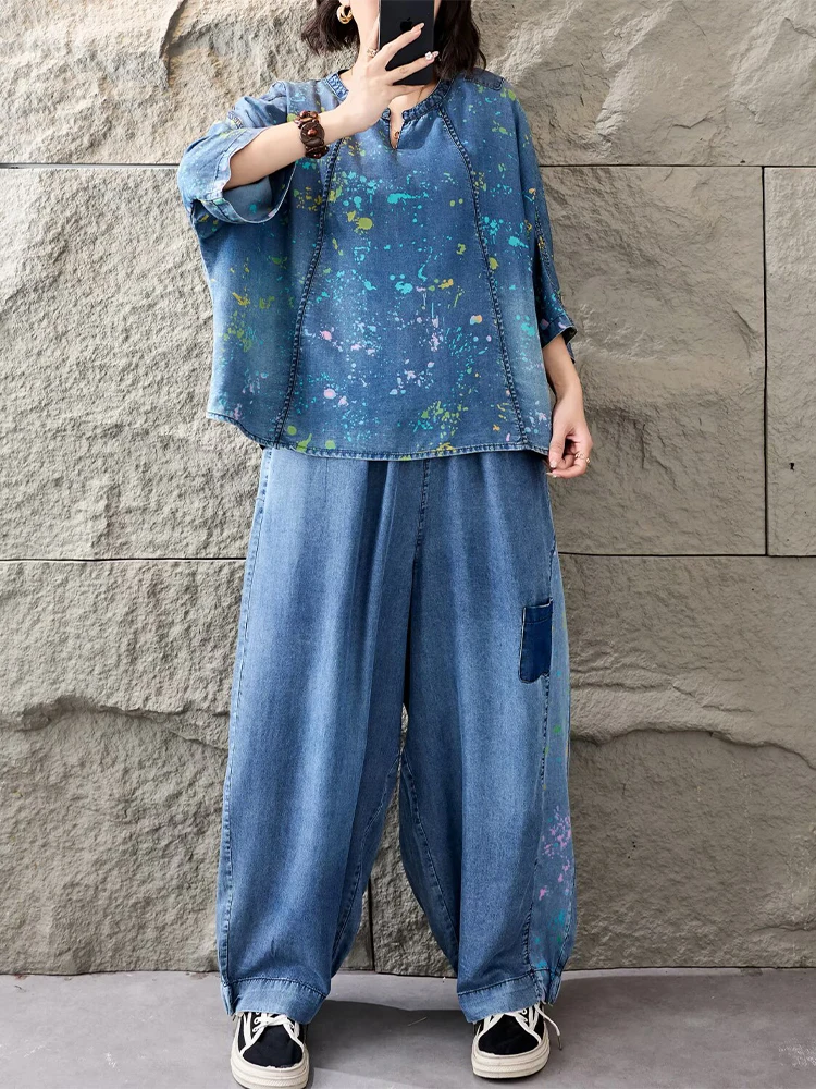 Tenues 2026 : Ensembles T-shirts et Pantalons en Jean Imprimé Ample pour Femmes – Deux Pièces Décontractées Classiques