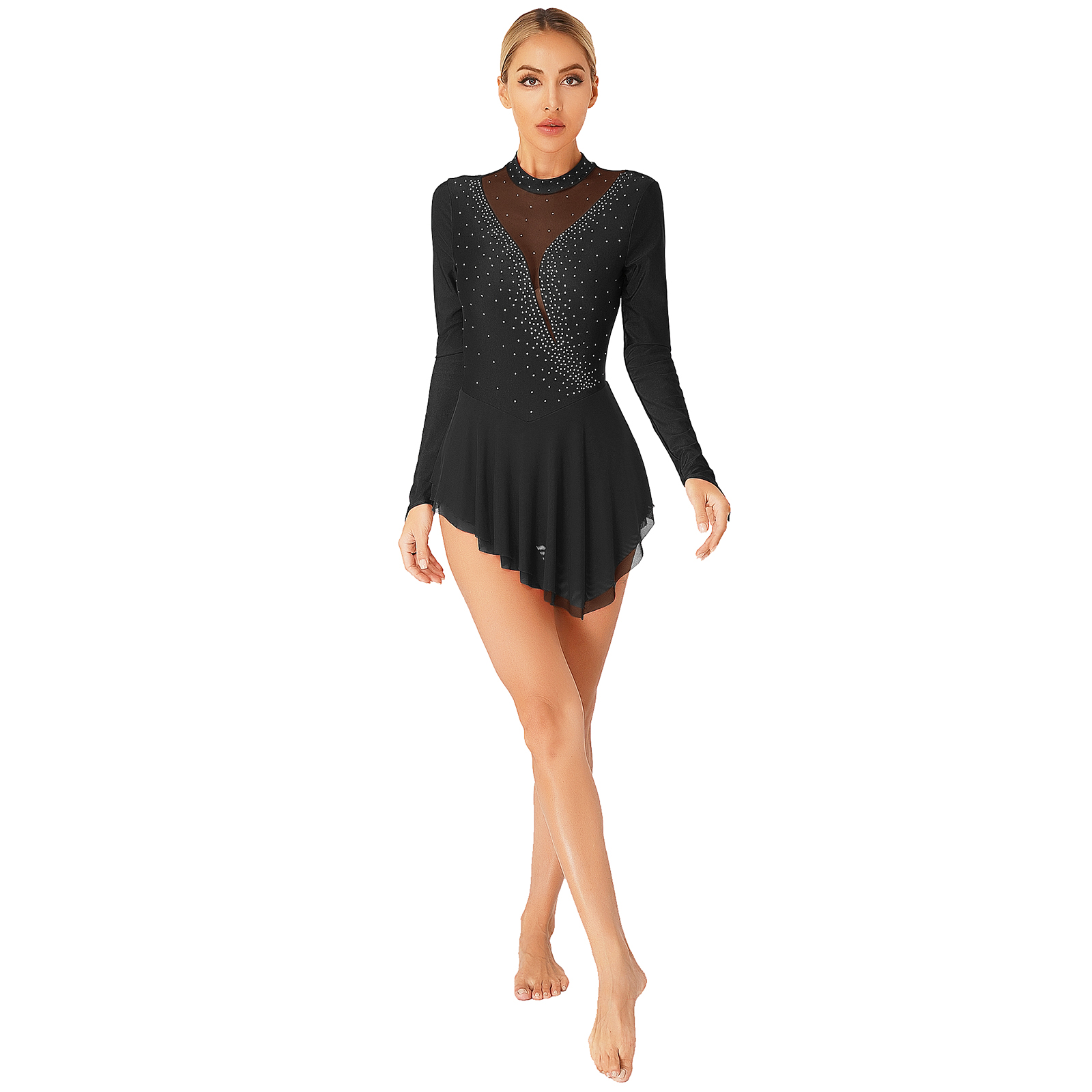 Robe de patinage artistique pour femmes, danse lyrique, Ballet, gymnastique, acrobatie, justaucorps, Tutu, manches longues, strass brillants, maille transparente