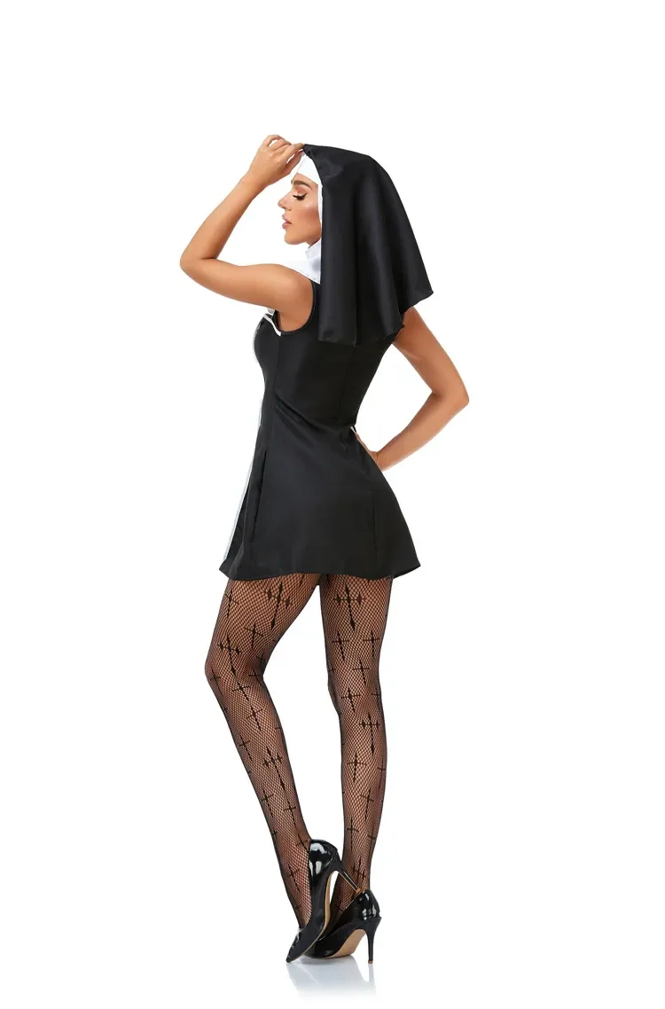 Costume de Cosplay de ixd'Halloween de Pâques pour Adulte, Sexy, Nonne, Femme, Prière, Enseignant, Noir et Blanc, Scène Trempée