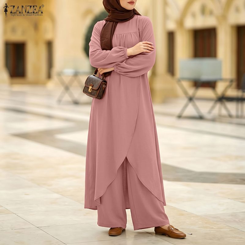 Ensemble musulman ZANZEA 2 pièces pour femmes, hauts longs avec pantalon large, ourlet asymétrique, kaftan, abaya, tenue de Ramadan, hijab, survêtement