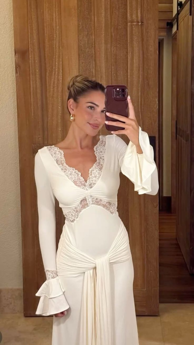 Robe élégante blanche en dentelle froncée, style vintage, sexy, à manches longues évasées, dos nu, pour soirée, collection automne