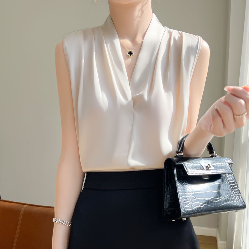 Femmes hauts Blouses couleur unie blanc Satin Blouse bureau chemise Blusas sans manches femmes chemises noir blanc femme YTM A31