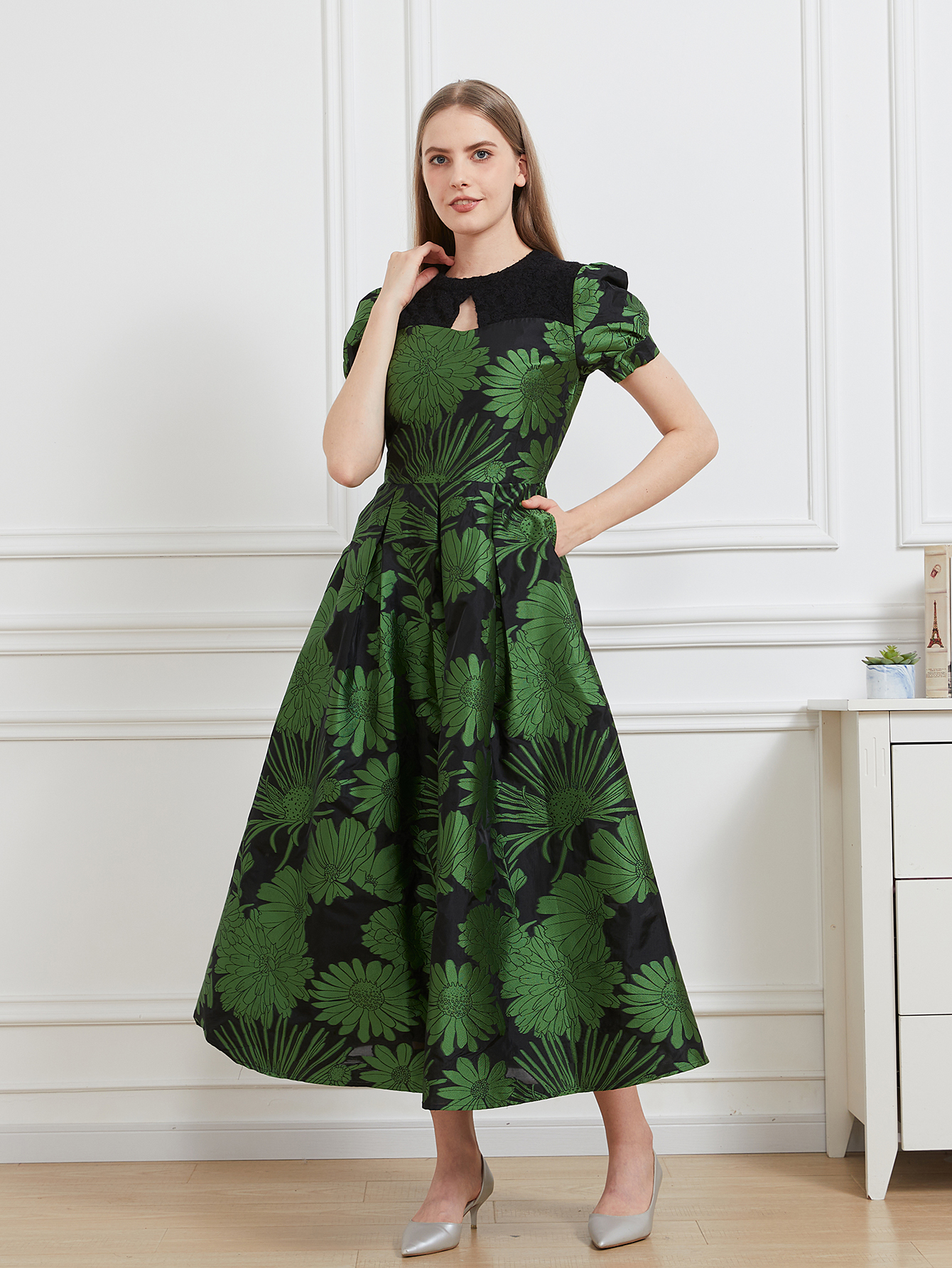 DEVCHATA-Robe Longue en Organza pour Femme, Tenue de Soirée Élégante, Patchwork de Dentelle, Manches Bouffantes, Nouvelle Collection Été
