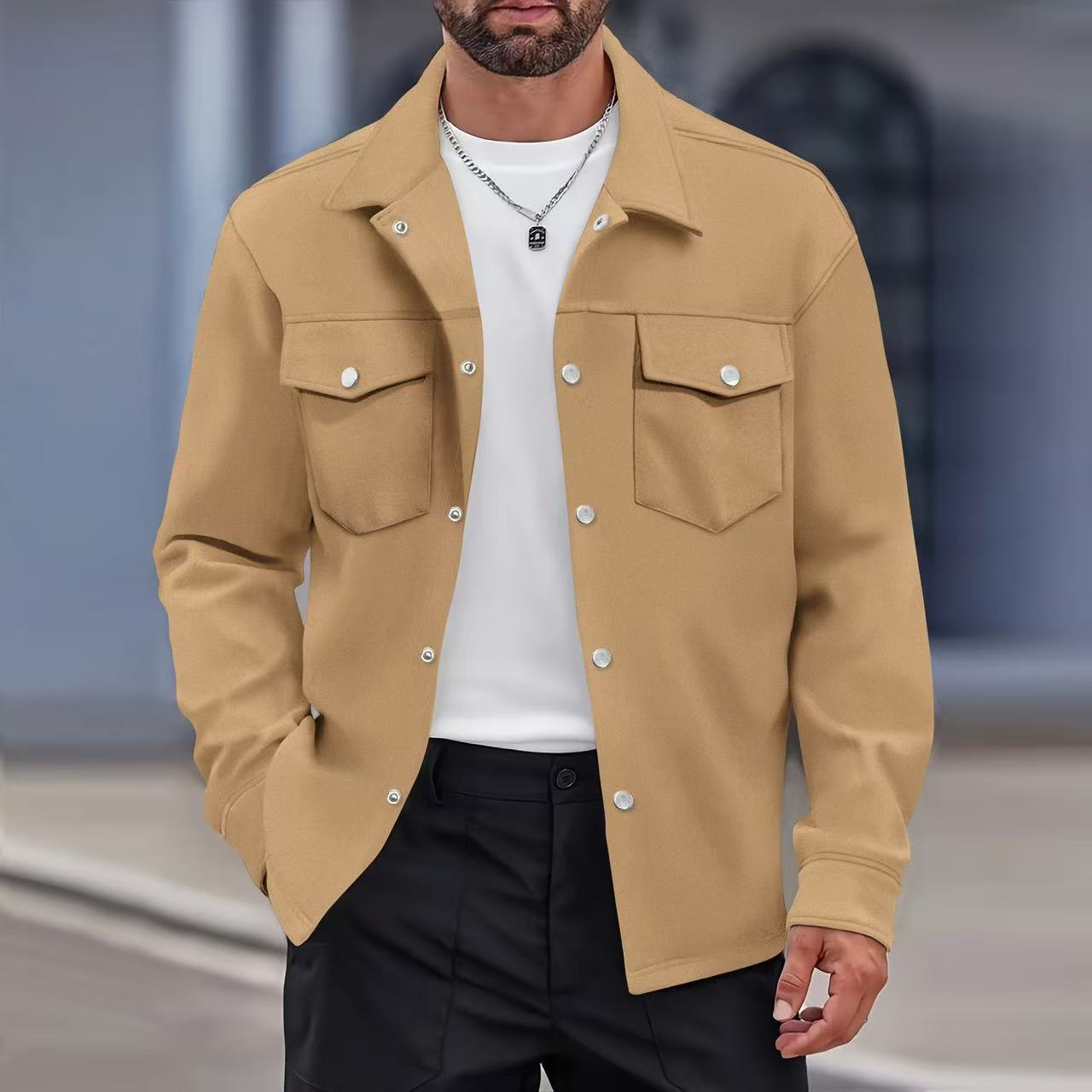Veste chemise décontractée pour homme à col à revers, poches poitrine, manches longues, coupe ample, style streetwear