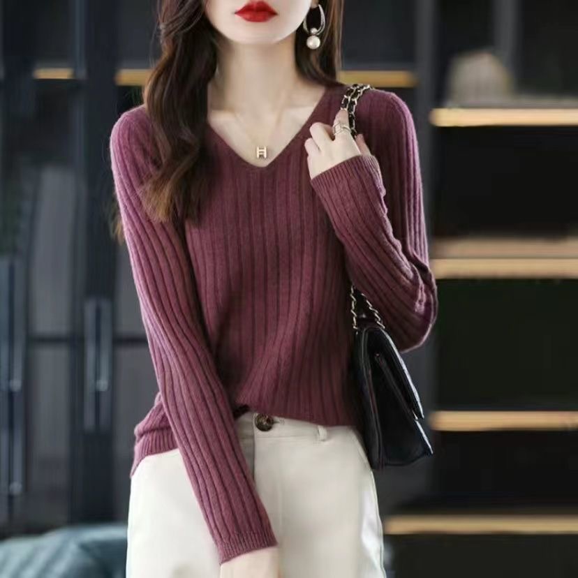 Femmes pull à manches longues haut tricoté pull col en v mode pull femme hiver basique femme vêtements solide OL pull DF4933