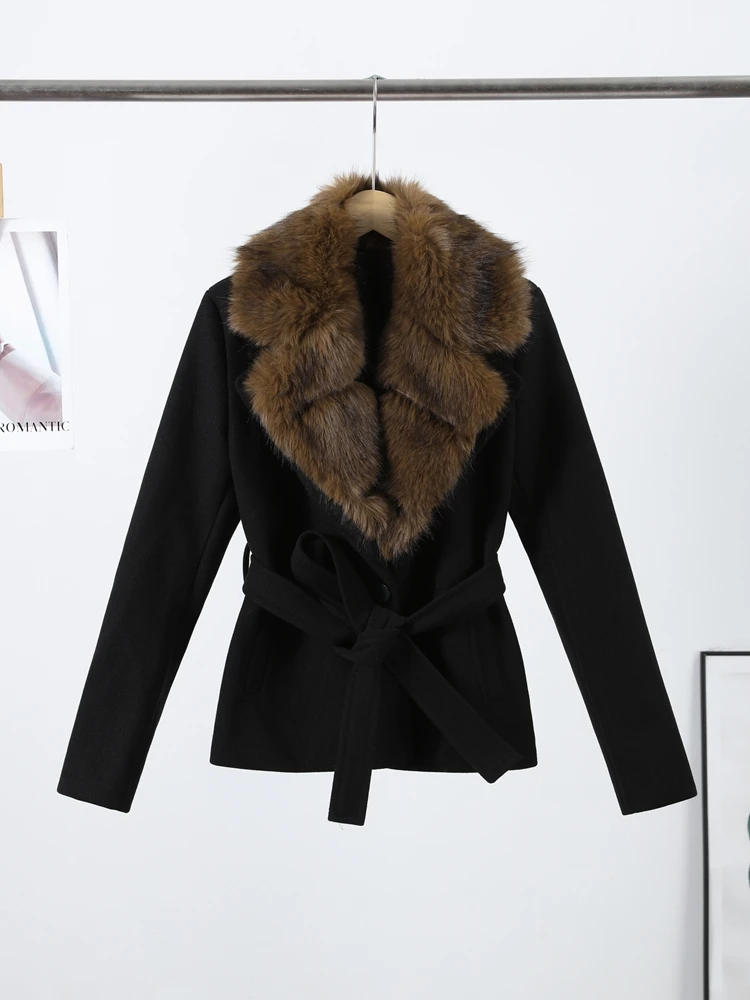 Châle fausse fourrure laine manteau femmes élégant à lacets manches longues ceinturé taille manteaux femme automne hiver mode chaud dame outwear
