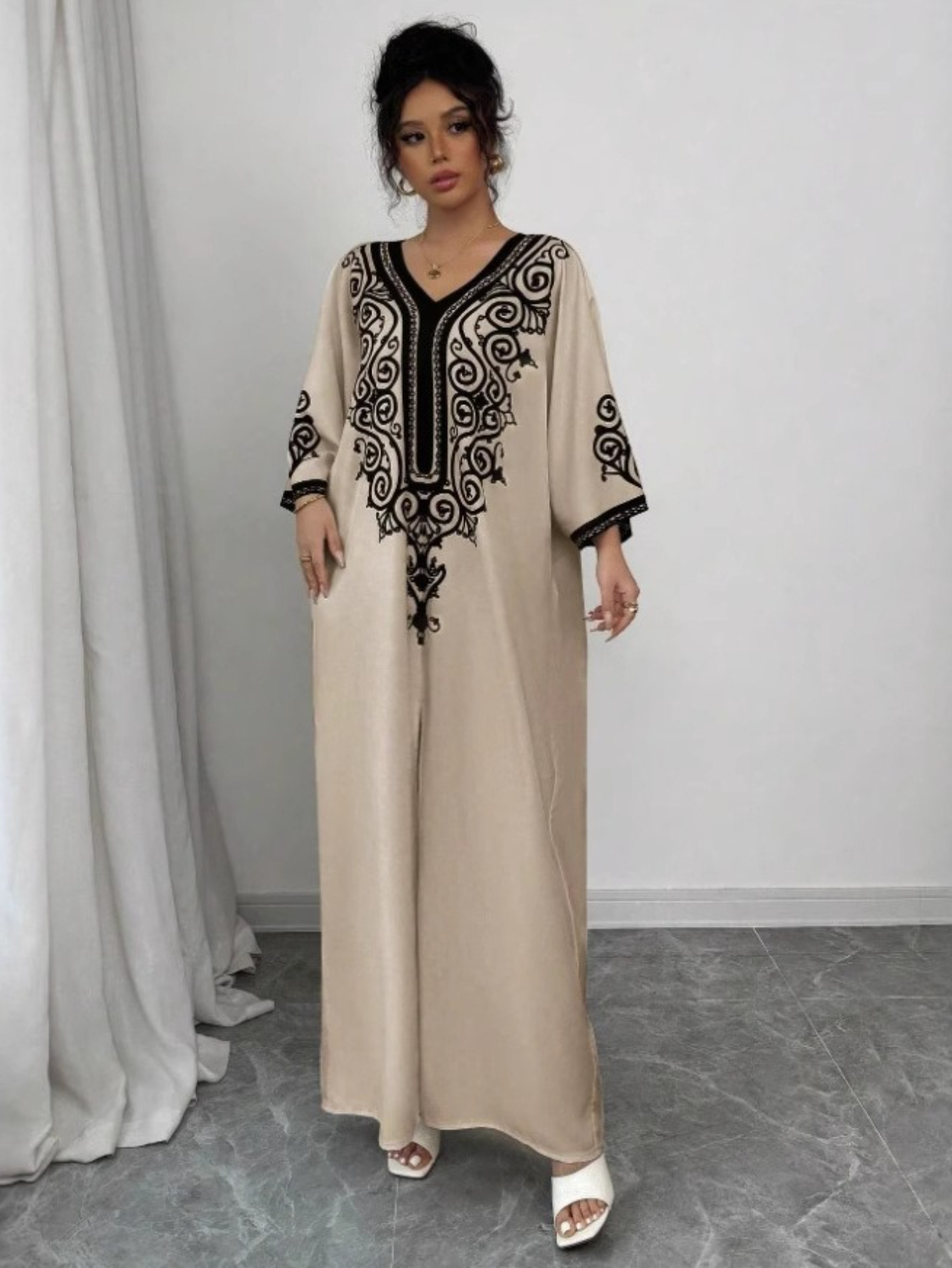 Eid femmes Robe musulmane Abaya col en V Robe ample fête Jalabiya Ramadan robes longues robes Largos caftan arabe marocain caftan