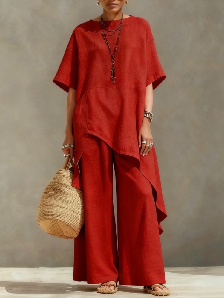 Ensembles pantalon et chemisier en coton et lin pour femme, 2 pièces, décontractés, chemisier ample à manches courtes et coupe irrégulière, pantalon large à taille élastique