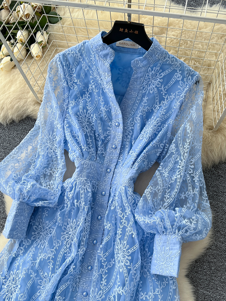 Nouvelle Robe Longue Élégante Française pour Femme, Col Montant, Boutonnage Simple, Taille Brodé, en Tulle, pour Fête d'Anniversaire S93