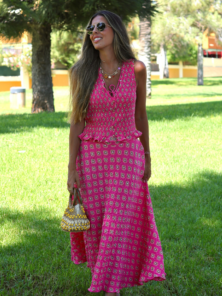 HH – ensemble jupe imprimée pour femmes, Chic, sans manches, col en v, décoration à lacets, haut + taille haute, fermeture éclair, jupe Midi plissée