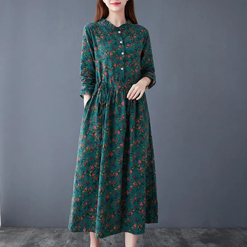 Robe en coton et lin pour femme, nouvelle collection printemps-automne 2026, taille ajustée, élégante, à fleurs, manches longues, vêtements pour femmes