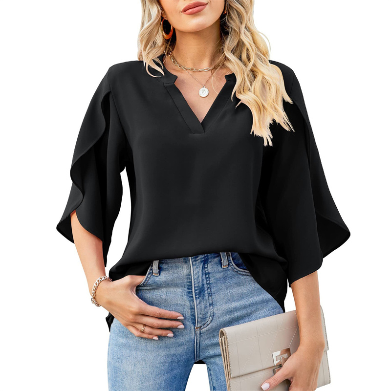 Femmes été Style chemisiers en mousseline de soie chemises dame décontracté manches courtes évasées col en v Blouse ample hauts