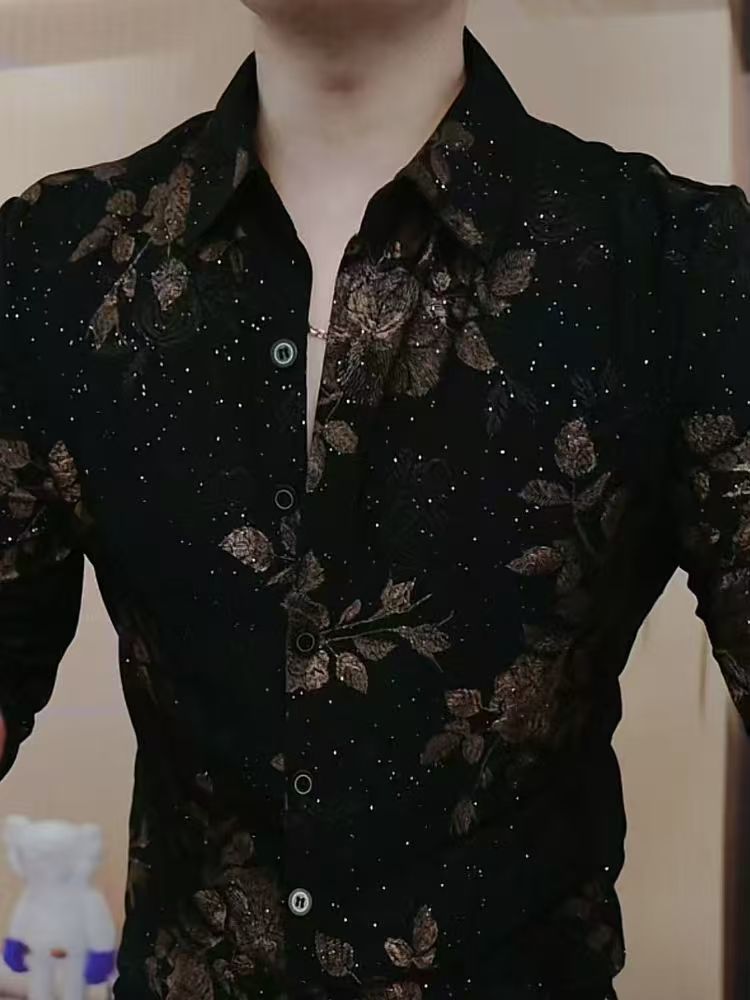 Chemise pour hommes à manches longues automne et hiver mode revers tendance beau imprimé décontracté corps mince