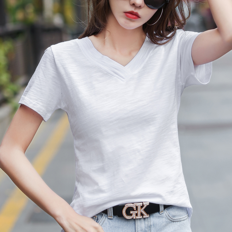 Nouvelle Collection Été 2026 – T-shirts amples pour femmes 100 % coton, col en V, ourlet fendu, manches courtes, hauts blancs slim tendance