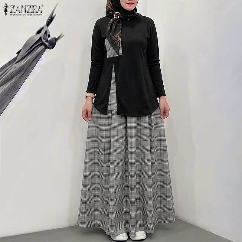 ZANZEA – tenue en patchwork à carreaux pour femmes, ensemble 2 pièces musulman, chemisier décontracté à col rond et manches longues, jupe longue trapèze, ensembles assortis