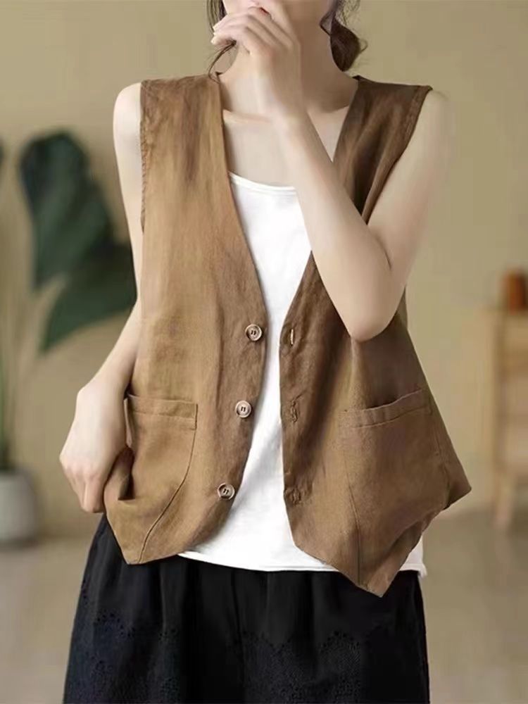 Femmes lin gilet été décontracté sans manches Cardigans veste ample mince décontracté bouton gilet haut femme Streetwear gilet manteau