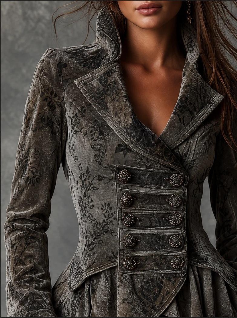 Veste en velours vintage pour femmes, imprimé floral, ourlet à volants, manteau peplum, manches évasées, double boutonnage, vêtement d'extérieur gothique, blazer de soirée et de rue.