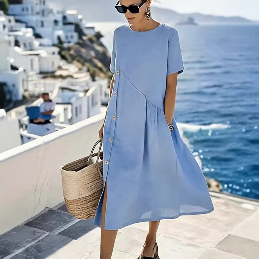 Robes pour femmes 2026 Nouveauté décontractée avec boutons décoratifs, poches pliables, col rond, couleur unie, robes longues, vêtements pour femmes, vestidos