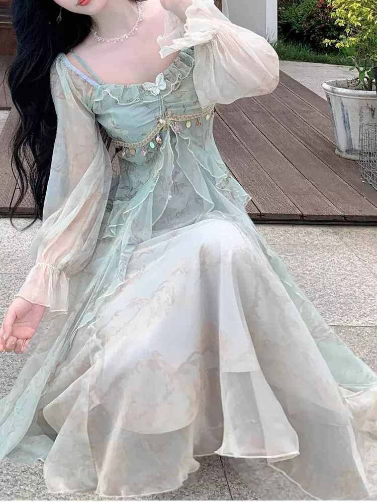 Robe longue de princesse française printemps-été pour femme, coupe ajustée, manches évasées, imprimée, pour soirée, décontractée, à volants, pour vacances en bord de mer, style féerique