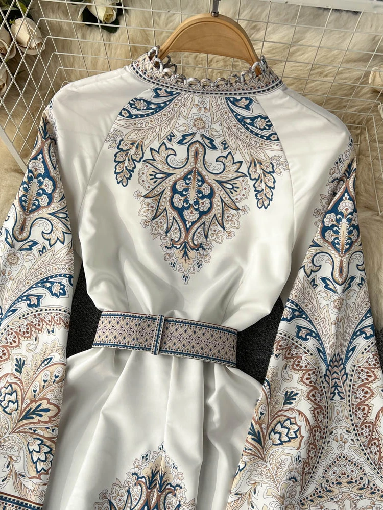 Robe longue imprimée Vintage pour femmes, col rond, manches évasées, robes élégantes, simple boutonnage, plissée irrégulière, Maxi, printemps automne