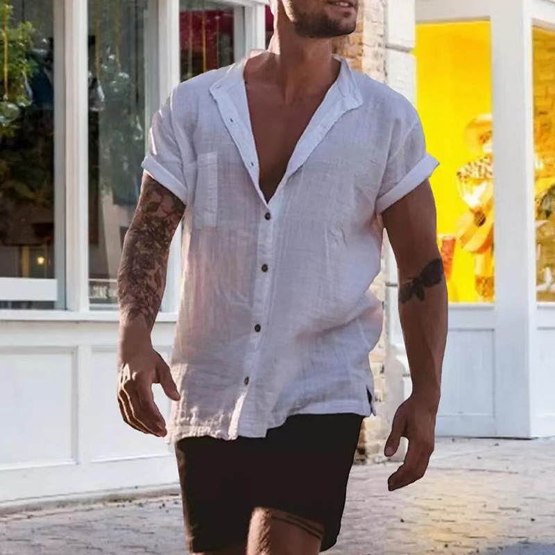 Chemises à manches courtes pour hommes, chemises en coton et lin, chemisiers d'affaires, haut social normal, chemise habillée formelle, vêtements pour hommes