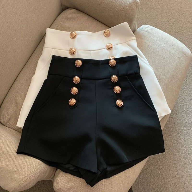Shorts noirs imbibés pour femmes, pantalons à double boutonnage, jambe large, vêtements d'extérieur décontractés sauvages, chauds, châssis, nouveau