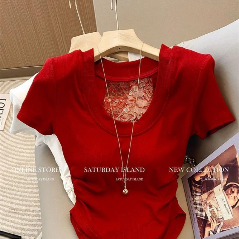 Nouveauté Été : T-shirts et hauts sexy pour femmes, à manches courtes, unis, avec patchwork en dentelle et découpes, coupe ajustée, style coréen tendance
