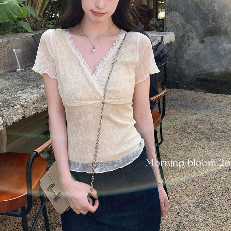 Chemisier Femme Col V Délicat en Dentelle à la Taille Manches Courtes Été Effet Deux Pièces Coupe Slim Aura Basique Tendance Patchwork