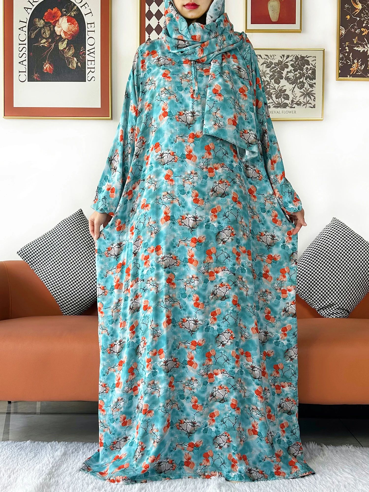Abaya-Robe africaine en coton fleuri pour femme musulmane, vêtement de prière pour le Ramadan, Dubaï, Turquie, moyen-orient, tenue Turban, 2024