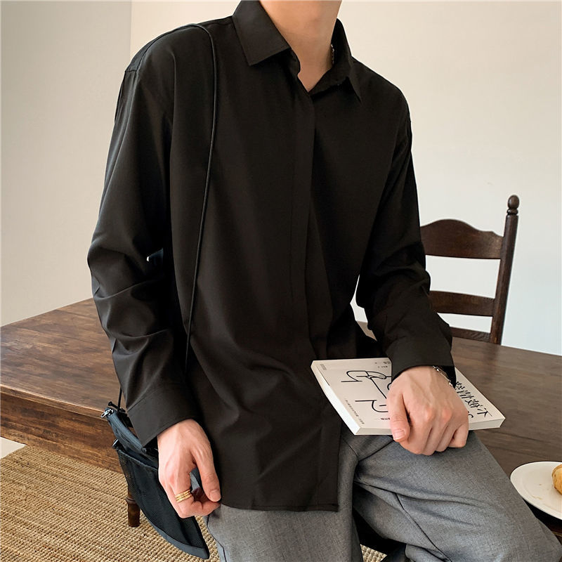 Chemises drapées coréennes pour hommes, revers de document solide, manches longues, glace, boutons décontractés, vêtements pour hommes, nouveau