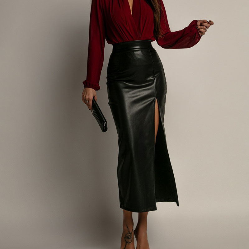 Jupes en cuir PU pour femmes, Sexy, fente haute, élégantes, Slim, taille haute, paquet de hanches, nouvelle mode, jupe crayon de bureau