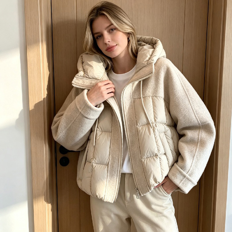Veste courte matelassée en coton pour femme avec capuche à cordon de serrage, empiècements en tissu et fermeture éclair – Idéale pour les trajets quotidiens