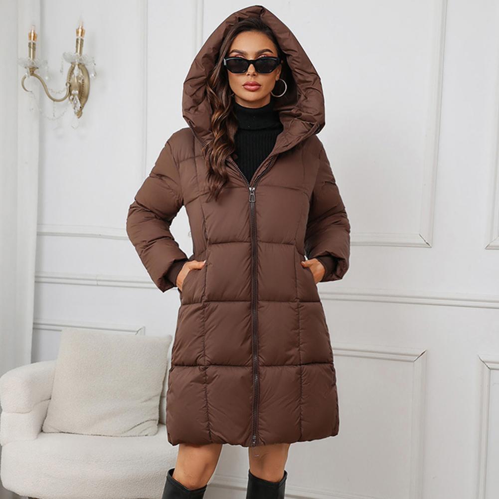 Veste d'hiver longue à capuche pour femme, manteau d'hiver matelassé et épais avec capuche, taille ajustée, longueur mi-longue